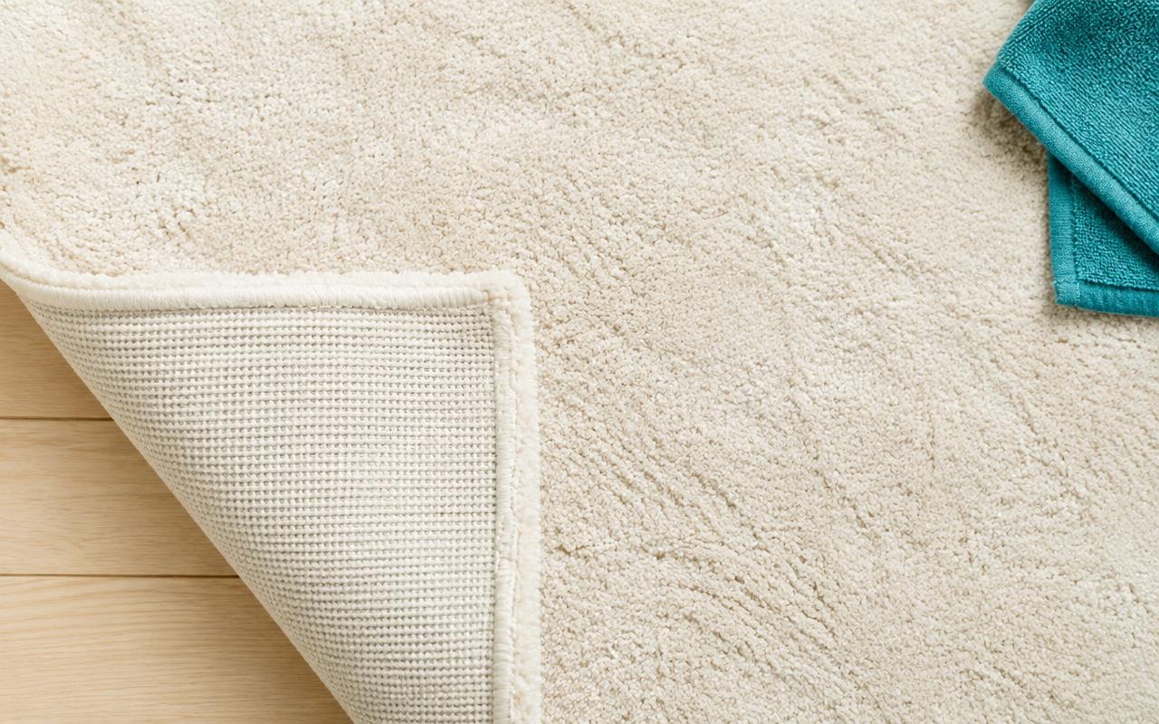 Freshly shampooed cream carpet with a lifted corner