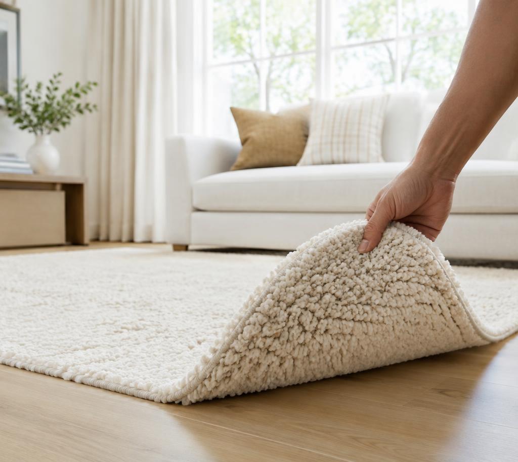 Cleaner lifting a plush rug corner in a bright living room